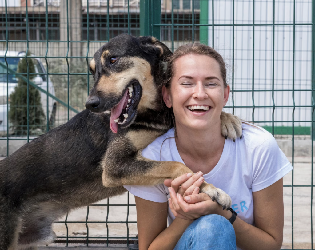 Smiley woman playing at shelter with dog waiting to be adopted